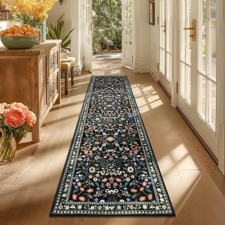 Yamaziot 2x8 Washable Hallway Runner Rug Non Slip Carpet, Colorful Black | Soft Boho Floral Kitchen Runner with Rubber Backing, Stain Resistant, Low Pile Distressed Carpet for Kitchen Hallway Entrance - Amazon product rated Grade A
