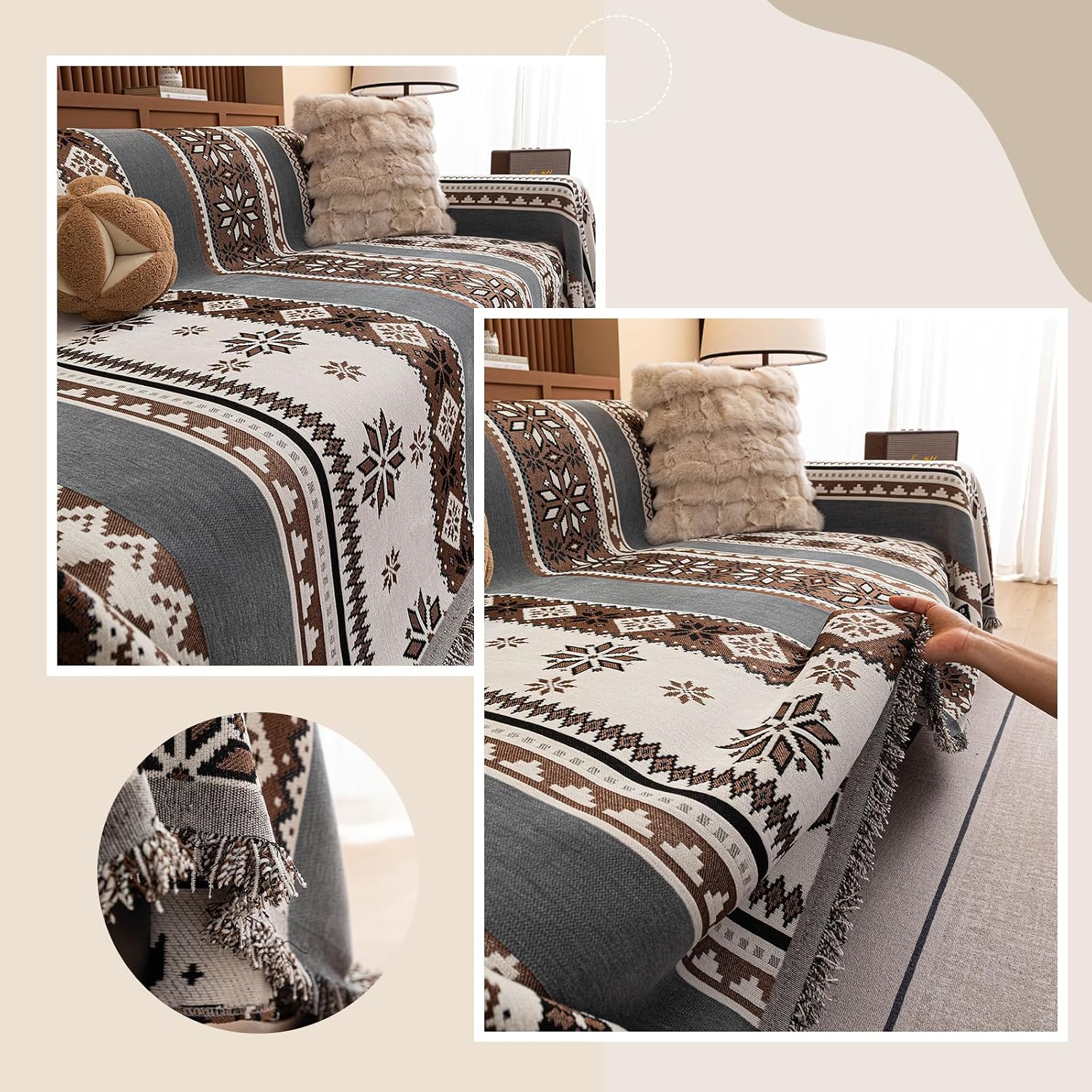 ROOMLIFE Couch Cover 3 Cushion Sofa, Washable Non Slip Furniture Sofa Protector Cover, Soft Chenille Sofa Slipcovers Sectional L Shape Dogs Couch Cover Throw Blanket with Tassels 71''X150''
