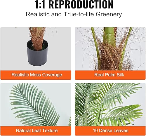 Miniatura 5 de VEVOR Palmera artificial, planta sintética de 4 pies de alto con 10 hojas artificiales y tierra para macetas cubierta de musgo, árbol falso verde
