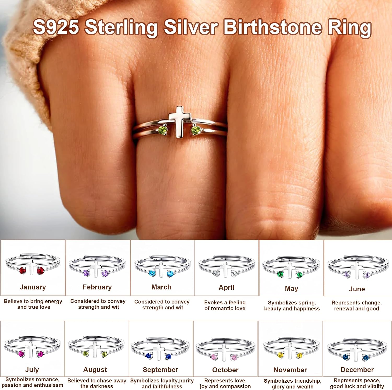 S925 Sterling Silver Cross Rings Birthstone Rings Christian Jewelry for Women Daughter, Easter Gifts, Confirmation and Baptism Gifts