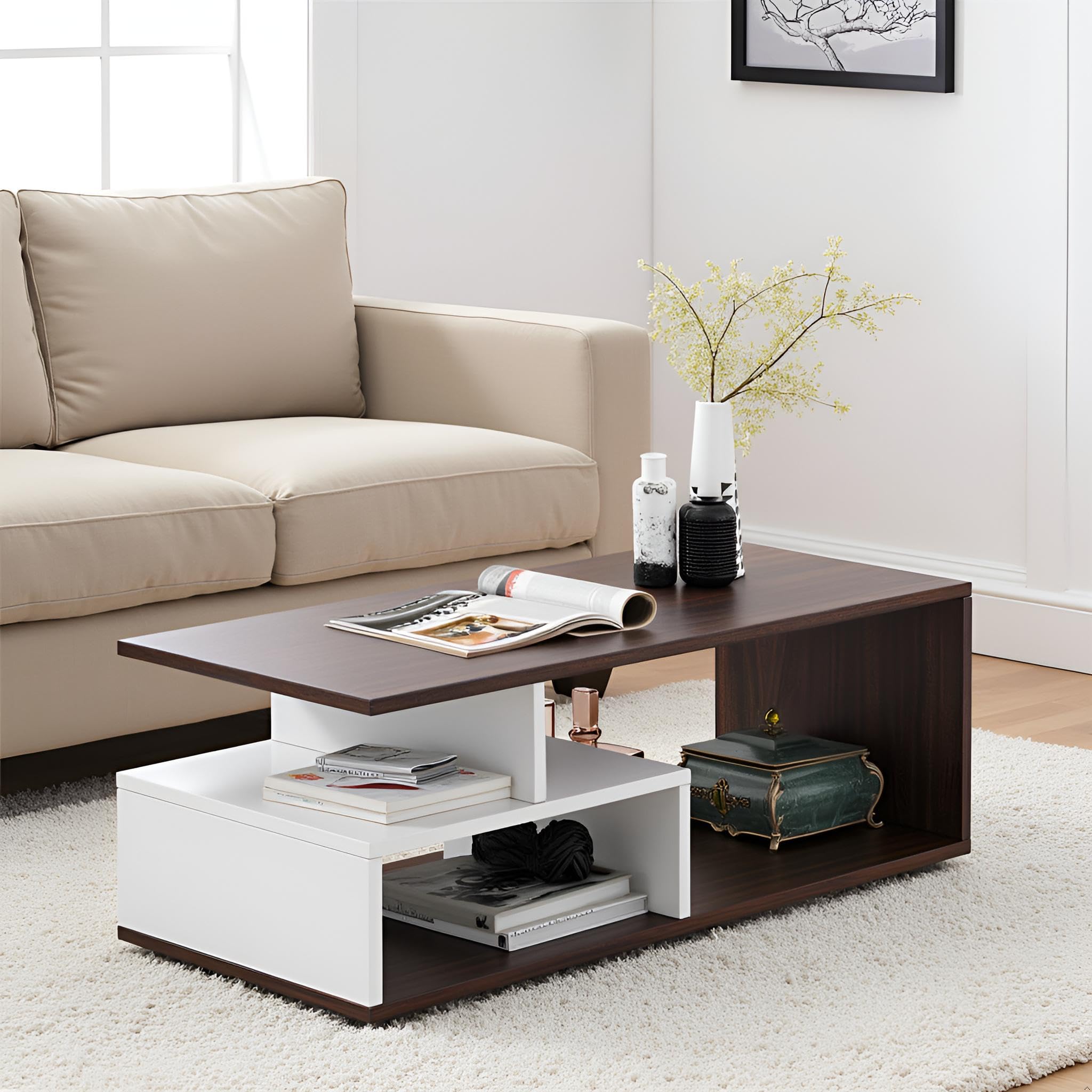 Sponsored Ad - FURNEASER Witely 2-Tier Engineered Wood Coffee Table with Storage Shelves, Modern Centre Table for Living Room & Sofa, Matte Wenge & White Finish