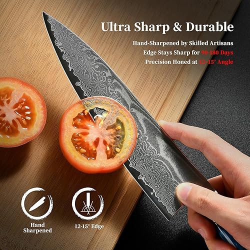 Miniatura 6 de Cuchillo de chef japonés, cuchillo de cocina de damasco de 8 pulgadas con acero VG10, cuchillo afilado hecho a mano con mango ergonómico, cuchillos