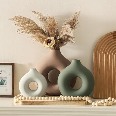 Ceramic Vase Home Table Decor - Flower Vases Set of 3 Small Living Room Centerpiece Decorations for Shelf Bedroom Office Kitchen Dining Desk Modern Aesthetic Farmhouse Decorative (Brown)
