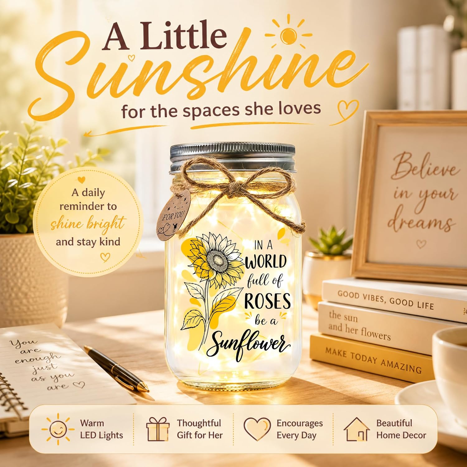 Sunflower Gifts for Women, Inspirational Mason Jar Light, Birthday Gift