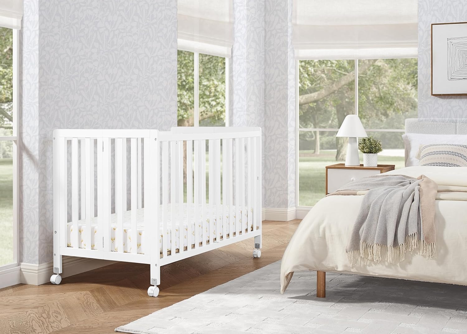 Simmons Kids Aria Full Size Portable Folding Crib - Greenguard Gold Certified, Bianca White