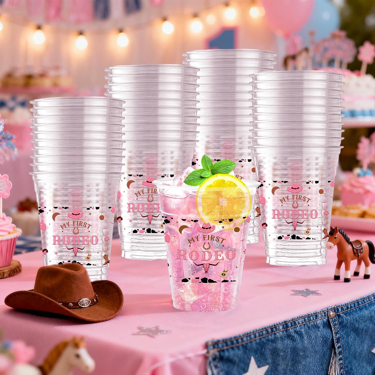 50Pcs My First Rodeo Plastic Cups - 12 oz Disposable Party Cups for My First Rodeo Decorations Girl, 1st Rodeo Birthday Party Decor Girl, Pink