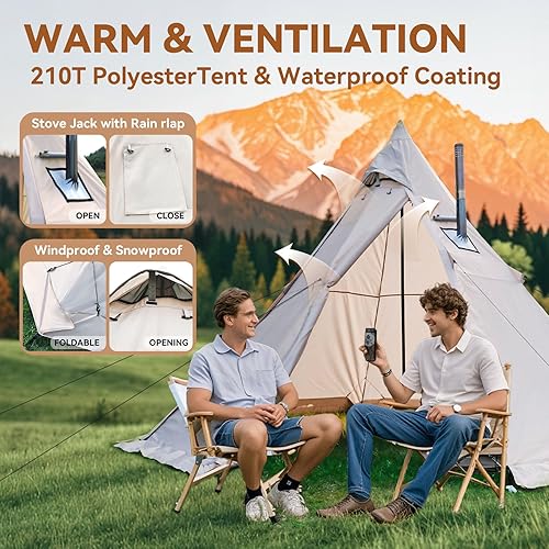 Miniatura 5 de Hot Tent with Stove Jack, 4 Season 3-4 Person Tipi Tent for Camping, 8.2ft Standing Room with Snow Skirt, Cold Weather Shelter for Family Fishing,