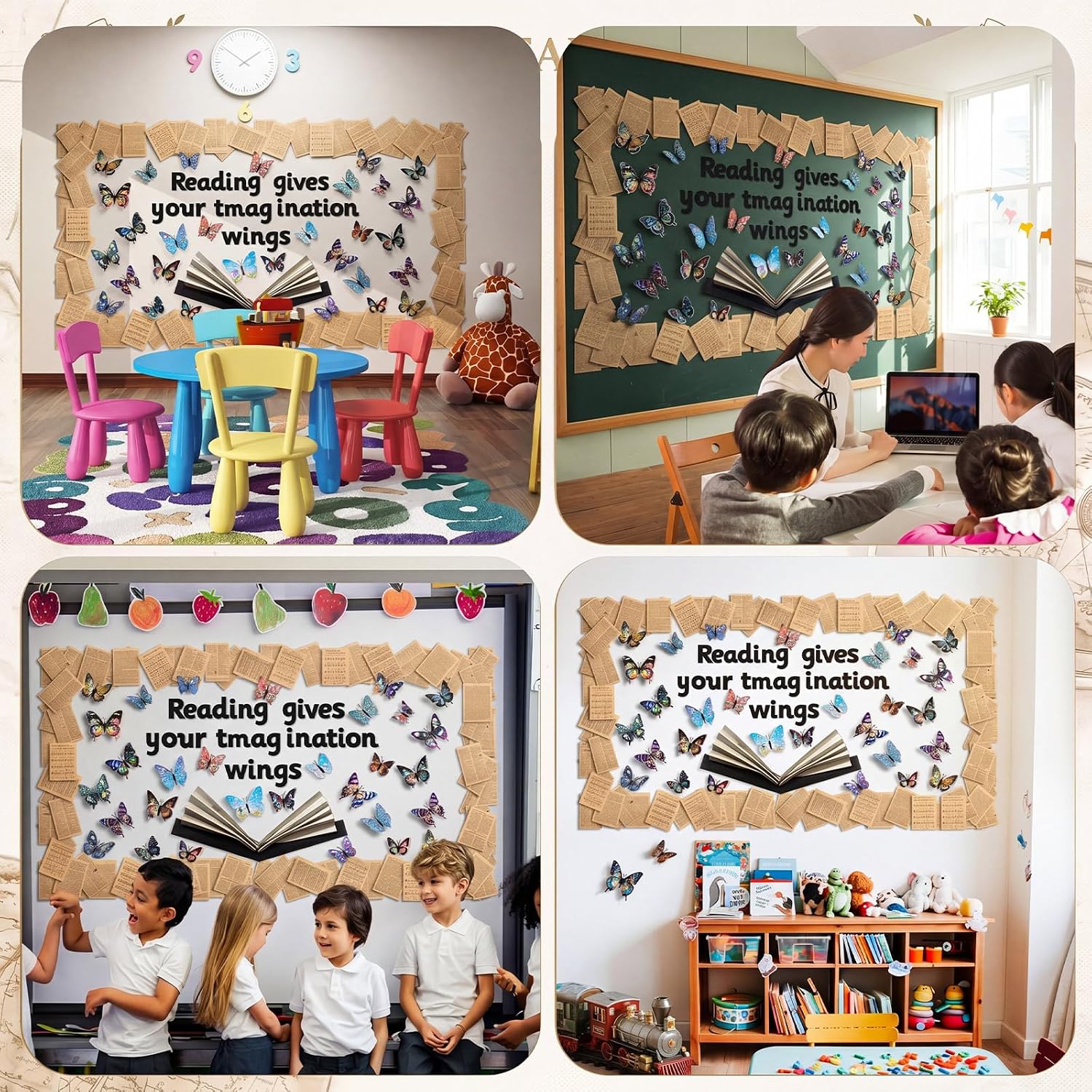 78 Pcs Reading Library Bulletin Board Classroom Decoration Vintage Pages Book Cutouts for Bulletin Board 3D Butterflies Classroom Decoration for Home School Chalkboard Door
