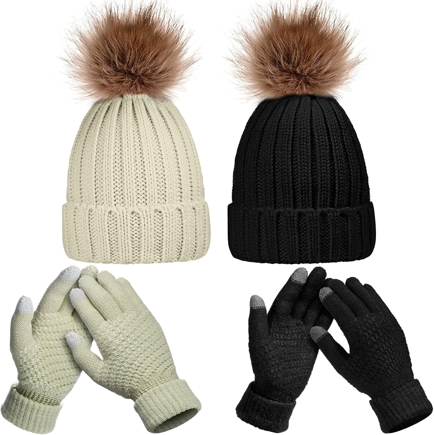 4 Pcs Winter Beanie Hat Gloves Set Pom Knit Unisex Warm Fleece Lined Hat Touchscreen Gloves for Women Men Couples Friends