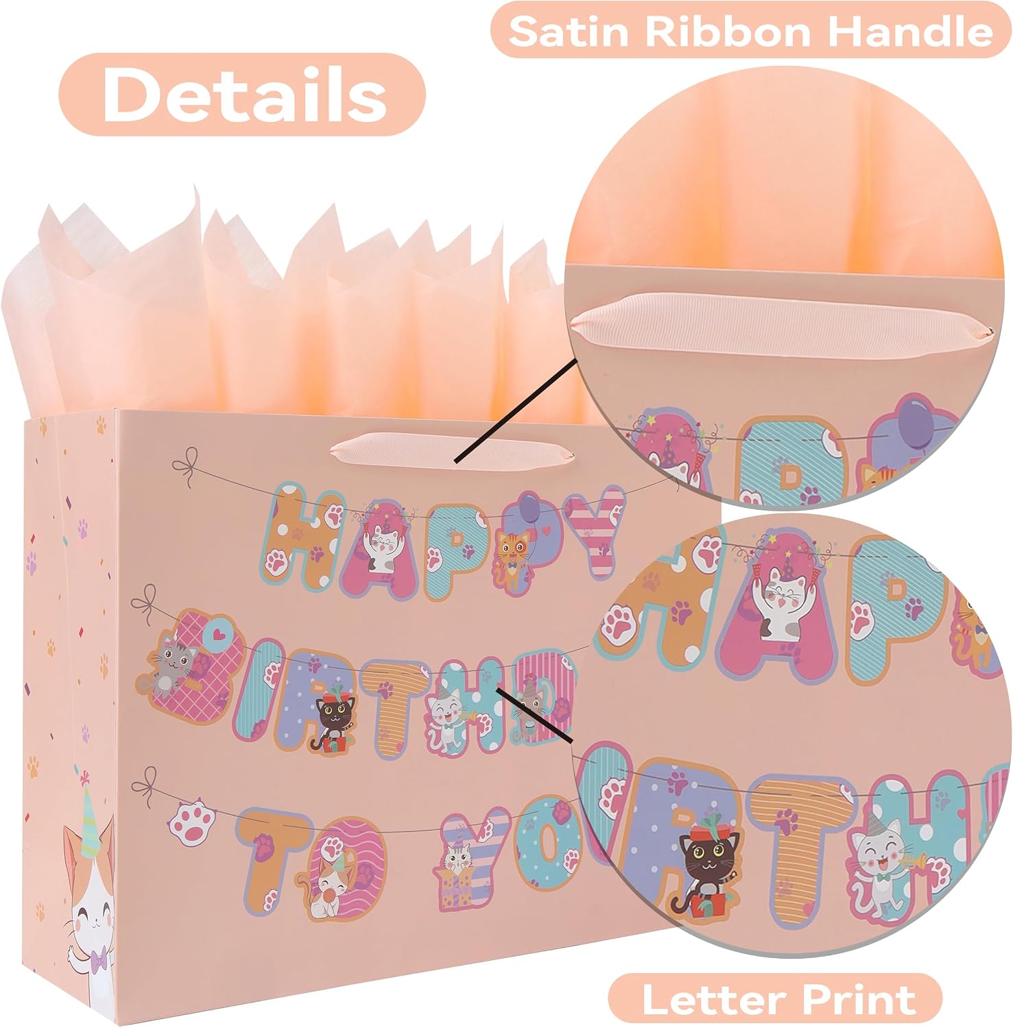 wishinside 16.5'' Extra Large Cat Happy Birthday Gift Bag Set with Handles, Greeting Card, Orange Tissue Papers and Stickers for Girls Kids Teens Women, Kitty-themed Banner Design, 1 Pcs image 4