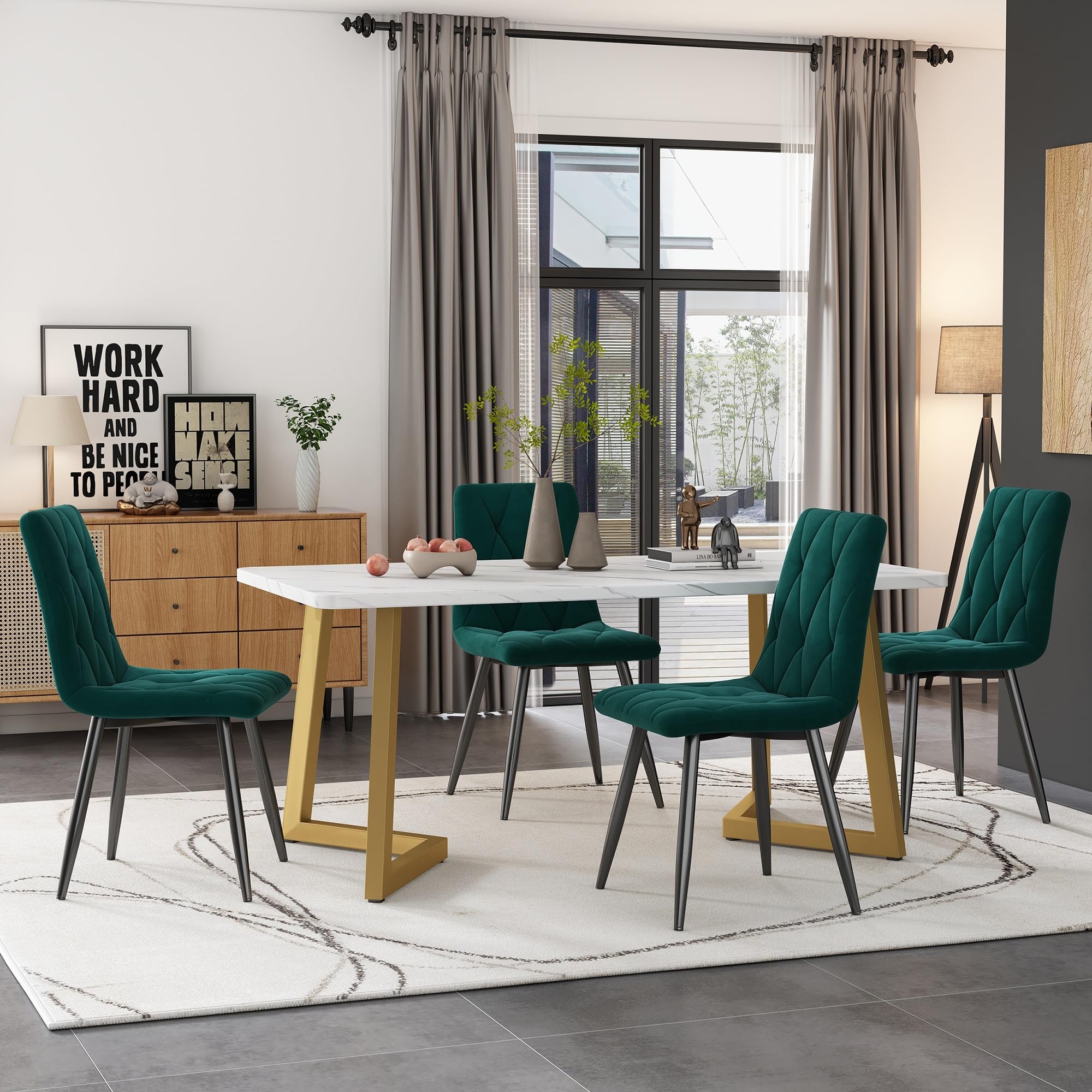 Ensemble de salle à manger, 117 x 68 cm, avec 4 chaises, en velours, vert foncé, table rectangulaire, aspect marbre, pieds en métal doré