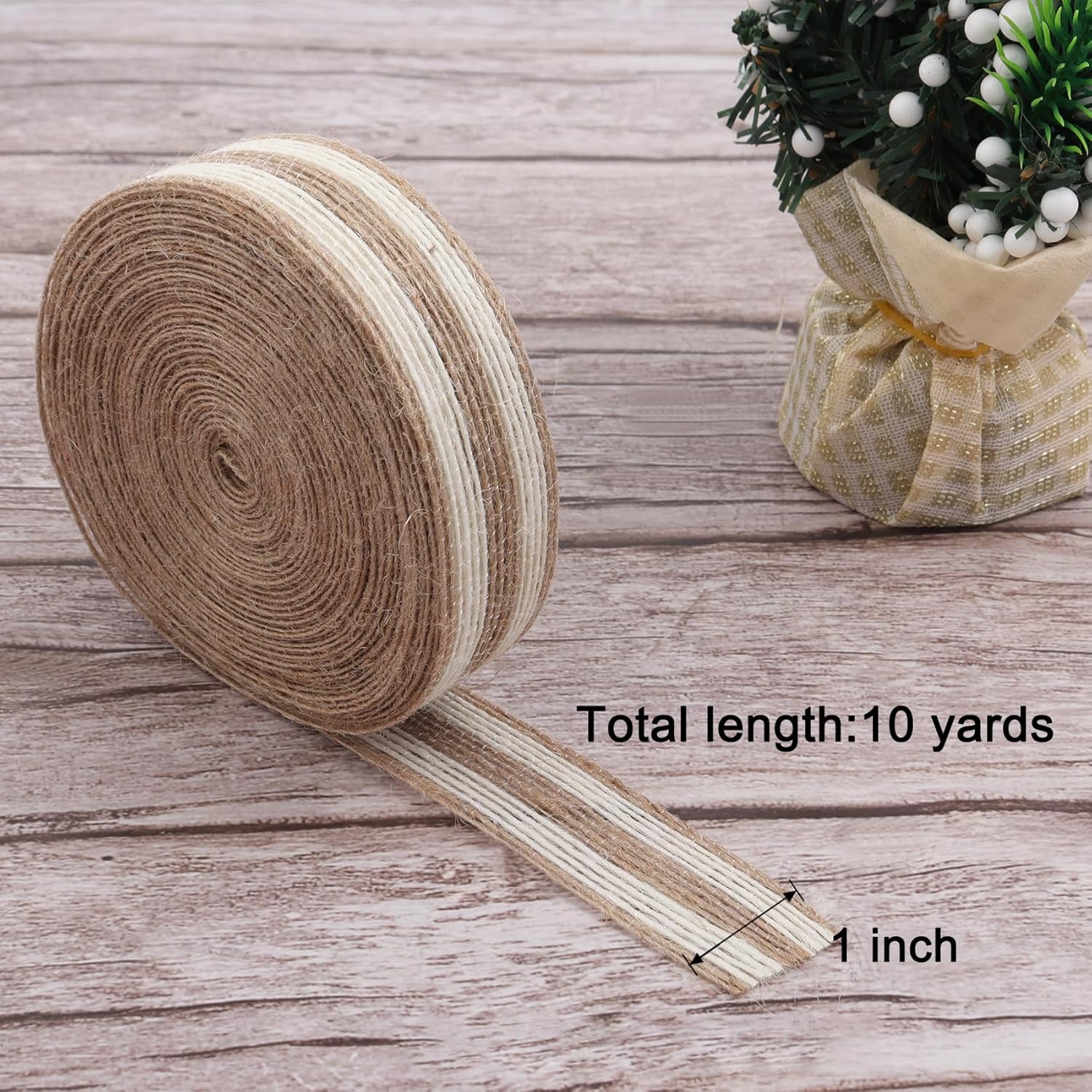 Burlap Ribbon 1 inch Wide 10 Yards Rustic Jute Ribbons for Crafts, Burlap Ribbon for Wreath, Garland, Tree Outdoor, Wedding, Christmas Halloween Decoration Fabric Ribbon for Gift Wrapping Natural-White 1 inch x 10 Yards