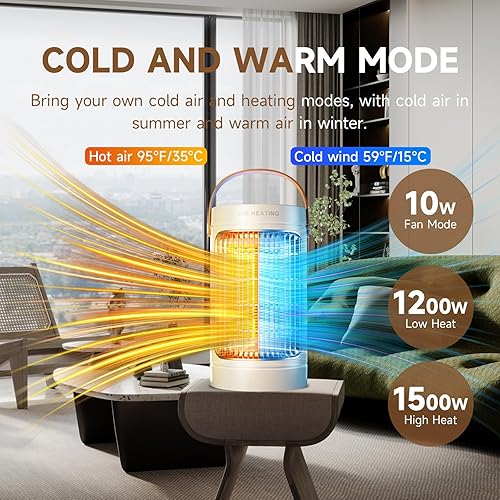 Miniatura 4 de QQT Calentador de espacio, mini calentadores de espacio de 1500 W de eficiencia energética para uso en interiores, ventilador portátil de 3