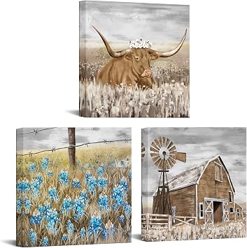 NutArtPic Farmhouse Canvas Art Farm Landscape Wall Art Longhorn Barn Texas Bluebonnet Picture Country Scene Artwork Painting for Home Decor 12x12x3pcs Framed