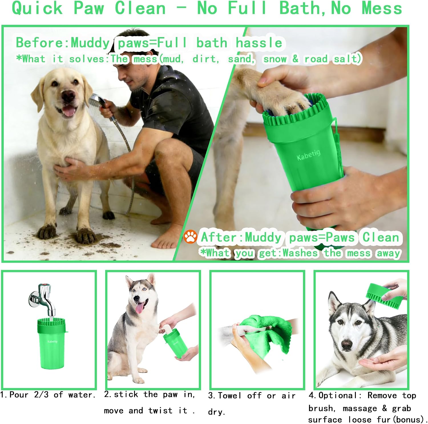 Dog Paw Cleaner for Large Dogs - Grabs Loose Fur with Top Brush | Clean muddy paws fast. Attached top brush grabs loose fur. No extra tools. Comes with bath brush & 3 towels. Less fur. Green