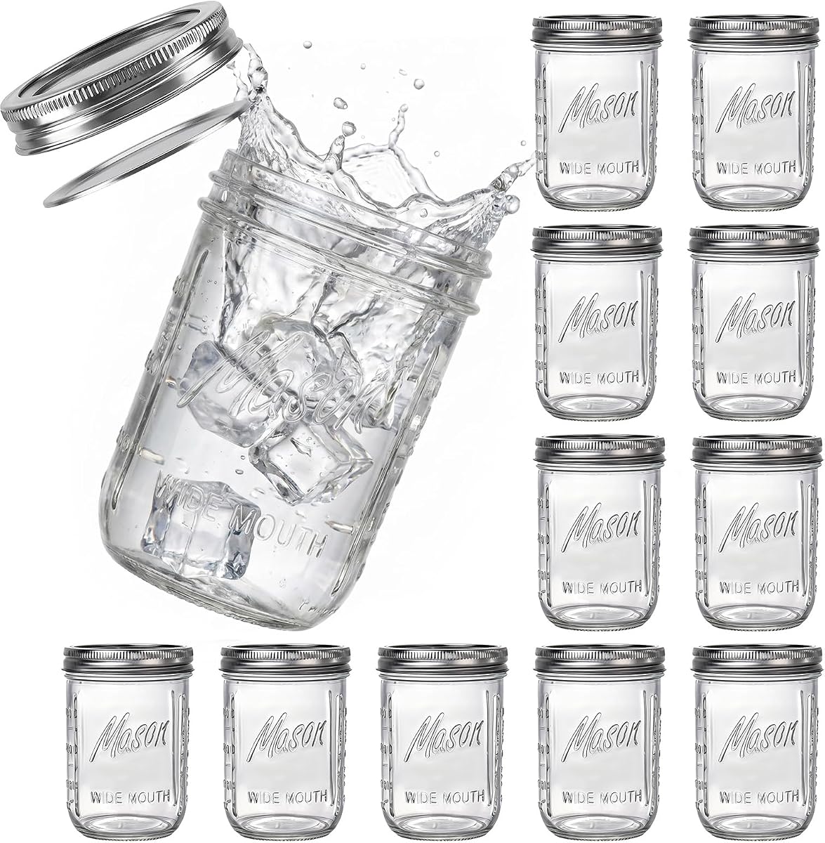 12 Pack 16 oz Wide Mouth Mason Jars with Lids, Airtight Glass Canning Jars for Food Storage, Meal Prep, Fermenting, Pickling & Jam