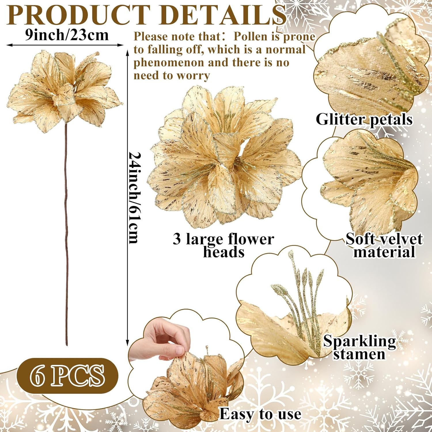 Hotop 6 Pcs Glitter Poinsettia Flowers 3 Large Heads Artificial Clivia Floral Picks 24 Inch Long Stem Artificial Christmas Flowers for Xmas Vase Table Centerpiece Wedding(Champagne Gold)