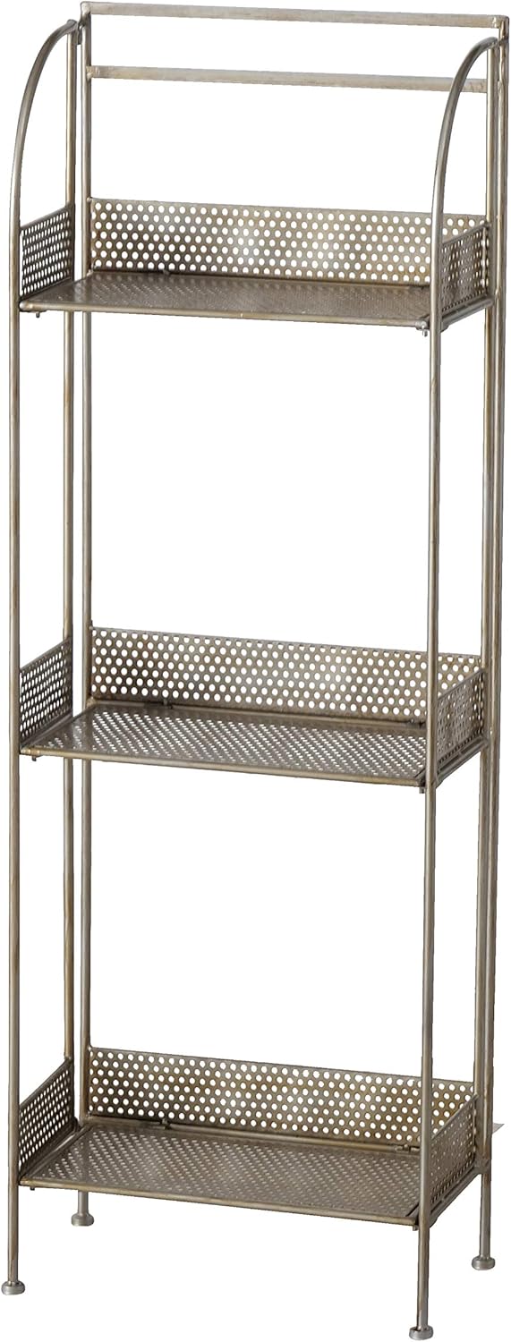 Industrial Retro Style 3 Tier Rack, Slim Line Design, Plant Stand, Rustic Grey, Powder Coated Iron, Punched Floral Fold-Out Rimmed Shelves, Finals, 16.25 L x 8.75 W x 45.5 H inches, 10.0 lbs