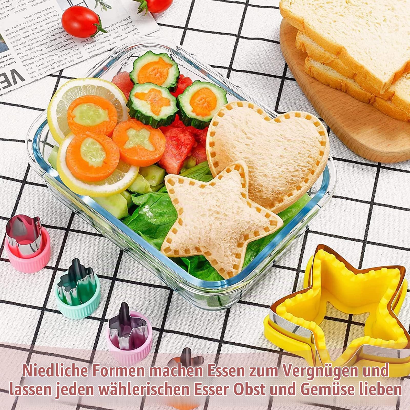 Brotausstechformen Kinder,40 Stück Sanwich Gemüse Obst Ausstecher,Edelstahl Sandwichschneider und Versiegelung,kinder Brotausstecher Set mit niedlich Obstgabeln, Reinigungsbürste,Honigstab Küche, Haushalt & Wohnen
