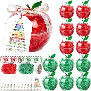 Briwooody 12 Sets Christmas Teacher Gifts Large Clear Apple Container Apple Shaped Candy Toy Filling Jar with Cards and Raffia for Classroom Xmas Party Educators Staff Students