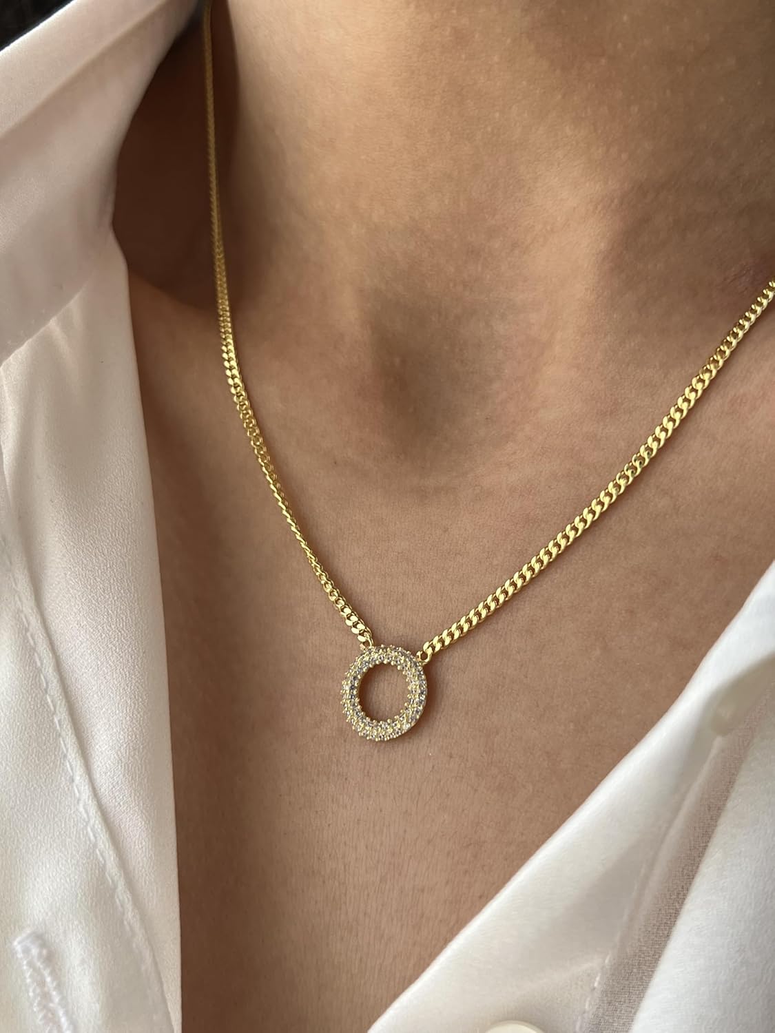 14K Gold Plated Curb Chain Necklace with Round Diamond Circle Pendant, Open Circle Pendant Necklace, Silver Necklace, Handmade Necklace, Gift for All - Image 2