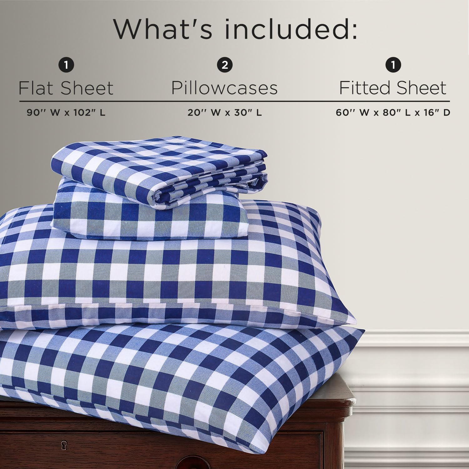 Briarwood Home® Printed Flannel Sheet Set, 100% Natural Cotton, Soft, Warm & Deep Pocket, Advanced Nano-Tech Making it Resistance to Pilling; Brushed 6 Times for Softness (Buffalo Navy Blue, Queen)