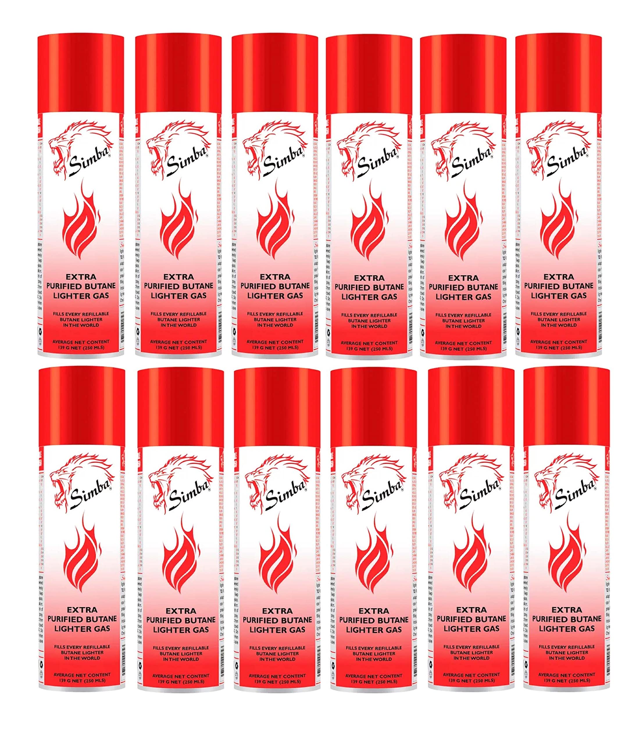 Set of 12 Pcs Simba Gas-Butane Gas Purified Lighter - 139g 250ml Go2Camps Refiller Catridge for Charcoal and Torch, L