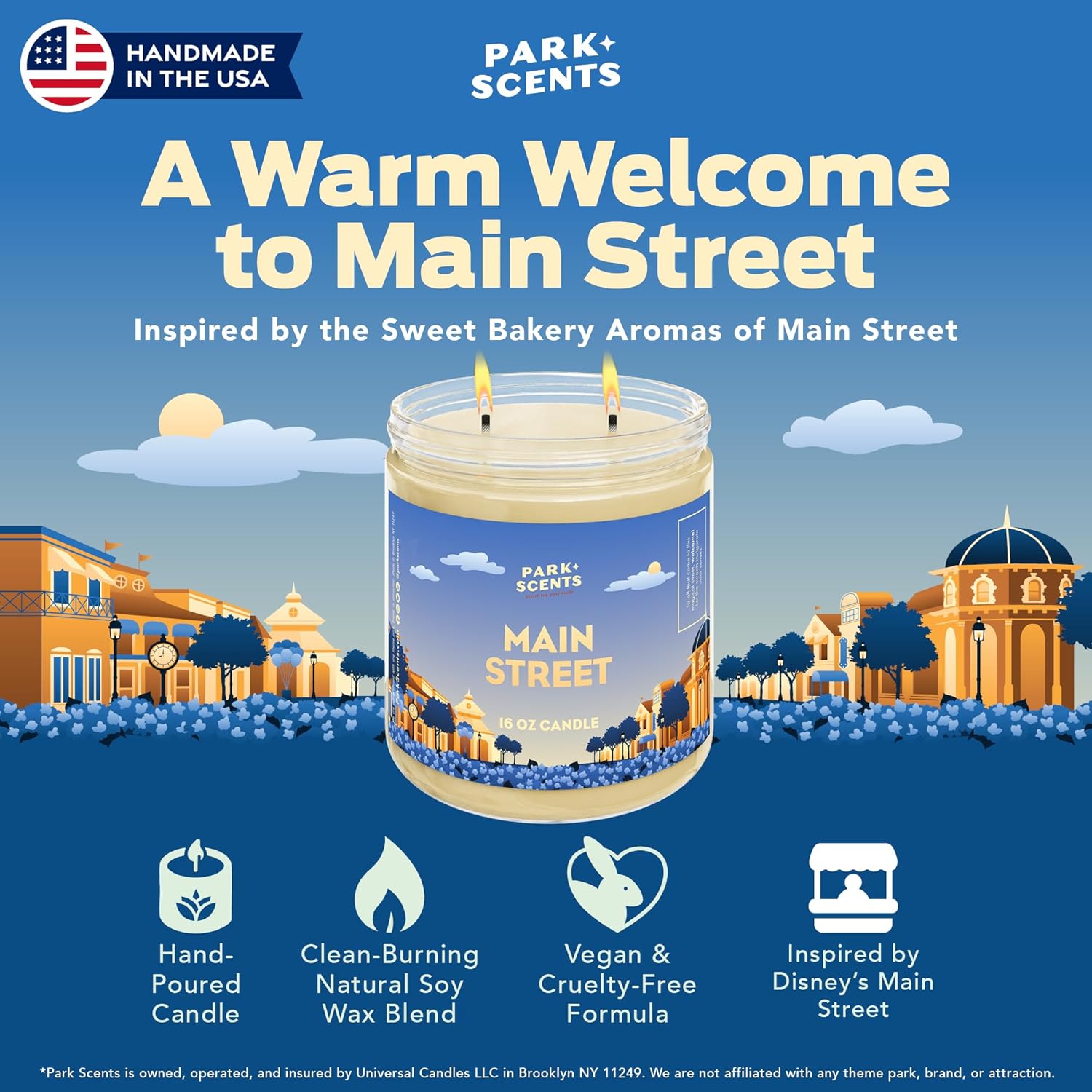 Park Scents Disneyland Main Street Inspired Scented Vanilla Candle - Handmade Soy Candle, Long Lasting, Warm, Sweet Aroma for Home (16 oz. Glass Jar)