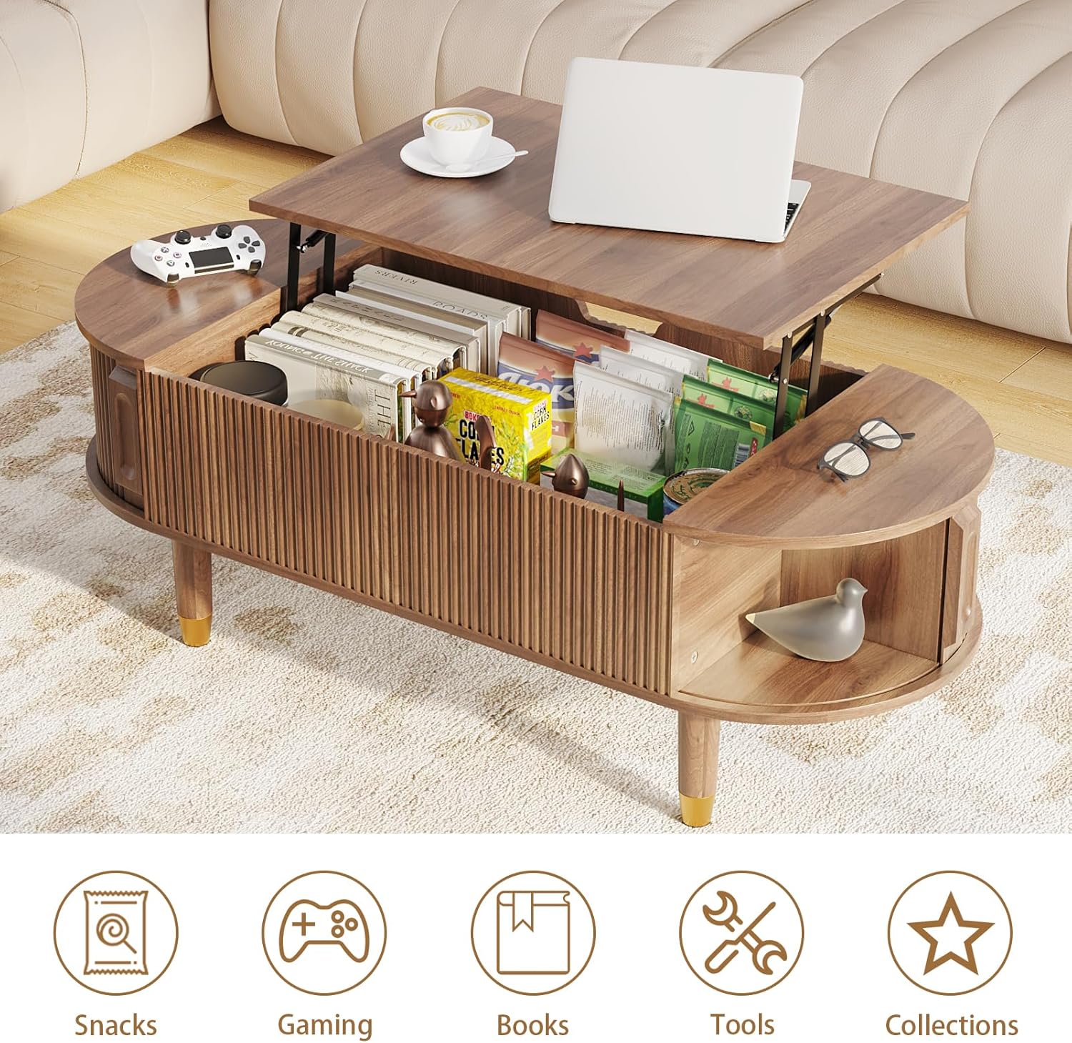Oval Lift Top Coffee Table with Storage, 47.2" Mid Century Modern Fluted Center Table with Hidden Compartment Lift Tabletop Dining Table for Living Room Home Office, Walnut