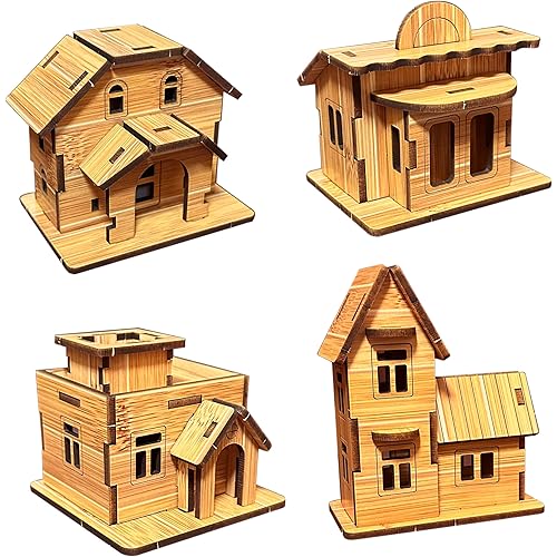 Wooden 3D Puzzles for Adults Log Cabin DIY Wood Miniature House Building Model Kits for Teens Little House 3D Assembly Puzzle Toys (4-in-1 (B))