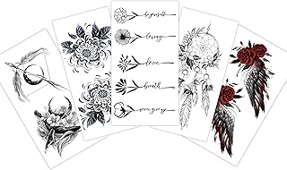 S.A.V.I 5pcs. Temporary Tattoo Stickers Combo Of Flowers Text, Dreamcatcher, Rose Wings Mix Designs For Girls Women Size 10.5x6cm Black-picture-22