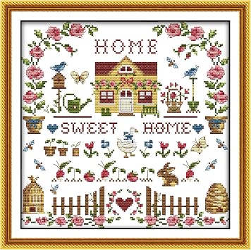 CaptainCrafts New Cross Stitch Kits Embroidery Kit Full Range Pre-Printed and Counted Fabrics Kits for Adults Beginners Home Decor Stamped 11CT, Sweet Home