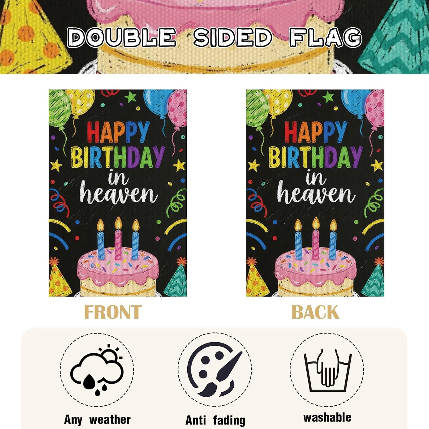 Cemetery Decorations for Grave, Happy Birthday in Heaven Garden Flags for Outdoor, Fun Balloon Cake Cemetery Funeral Memorial Banner for Farmhouse Decorations Supplies