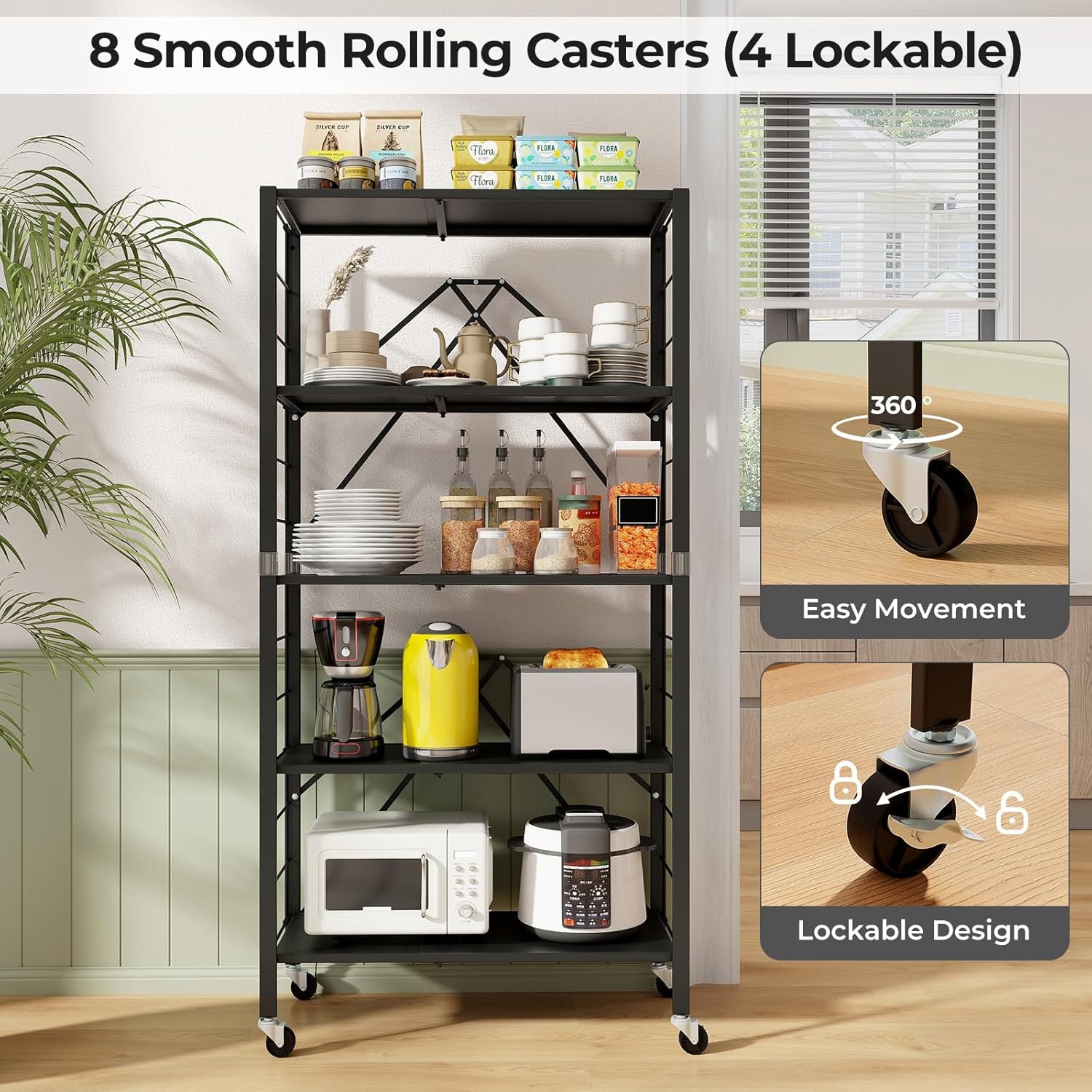 Giantex 5-Tier Foldable Storage Shelf with Wheels, Collapsible Shelving Unit with Adjustable Shelves, Heavy-Duty Metal Storage Rack, Expandable Folding Storage Organizer for Kitchen Garage Pantry