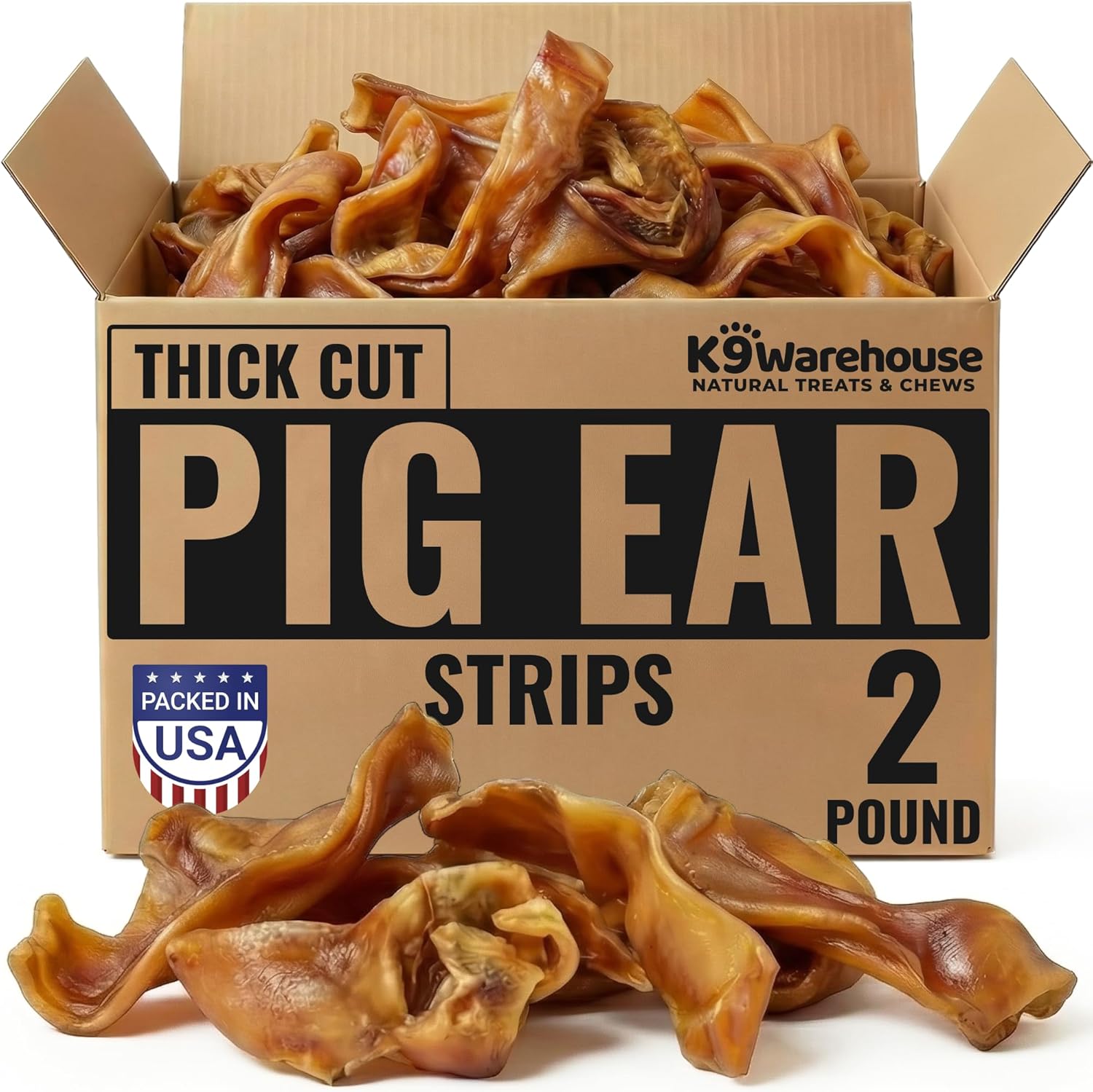 K9warehouse Pig Ears Strips - 32oz USA Packed - Natural Bulk Pig Ear Slivers - Treats Made of 100% Pure Pork - Alternative to Rawhide Chews - Thick Cut Pigs Ear Dog Treats for Small to Large Dogs