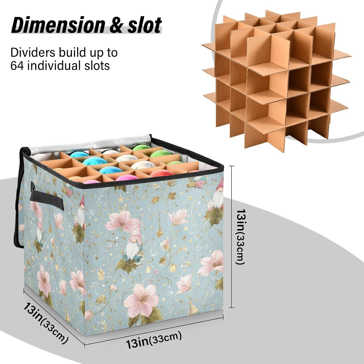 Blue Floral Decor Art Christmas Ornament Storage,Stores up to 64 Holiday Ornament,Adjustable Dividers,Zippered Top,Two Handles Attractive Storage Box Keeps Decorations Clean