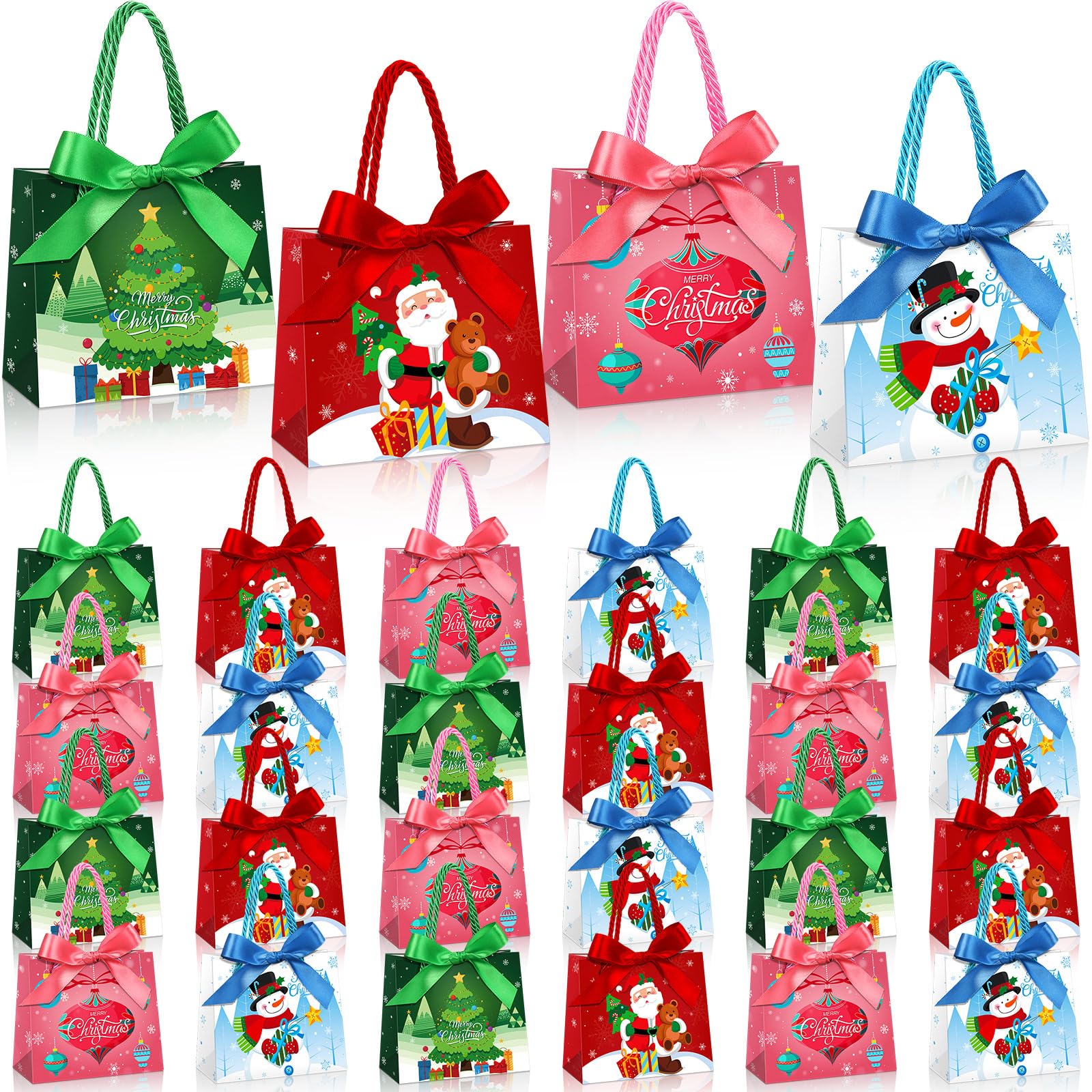Zhanmai 24 Pcs Small Christmas Gift Bags with Handles 5.5 x 4.7 x 2.5 Inch Paper Christmas Favor Bags Snowman Santa Mini Goodie Bags with Bow Ribbon for Xmas Holiday Party Gifts Wrapping Supplies