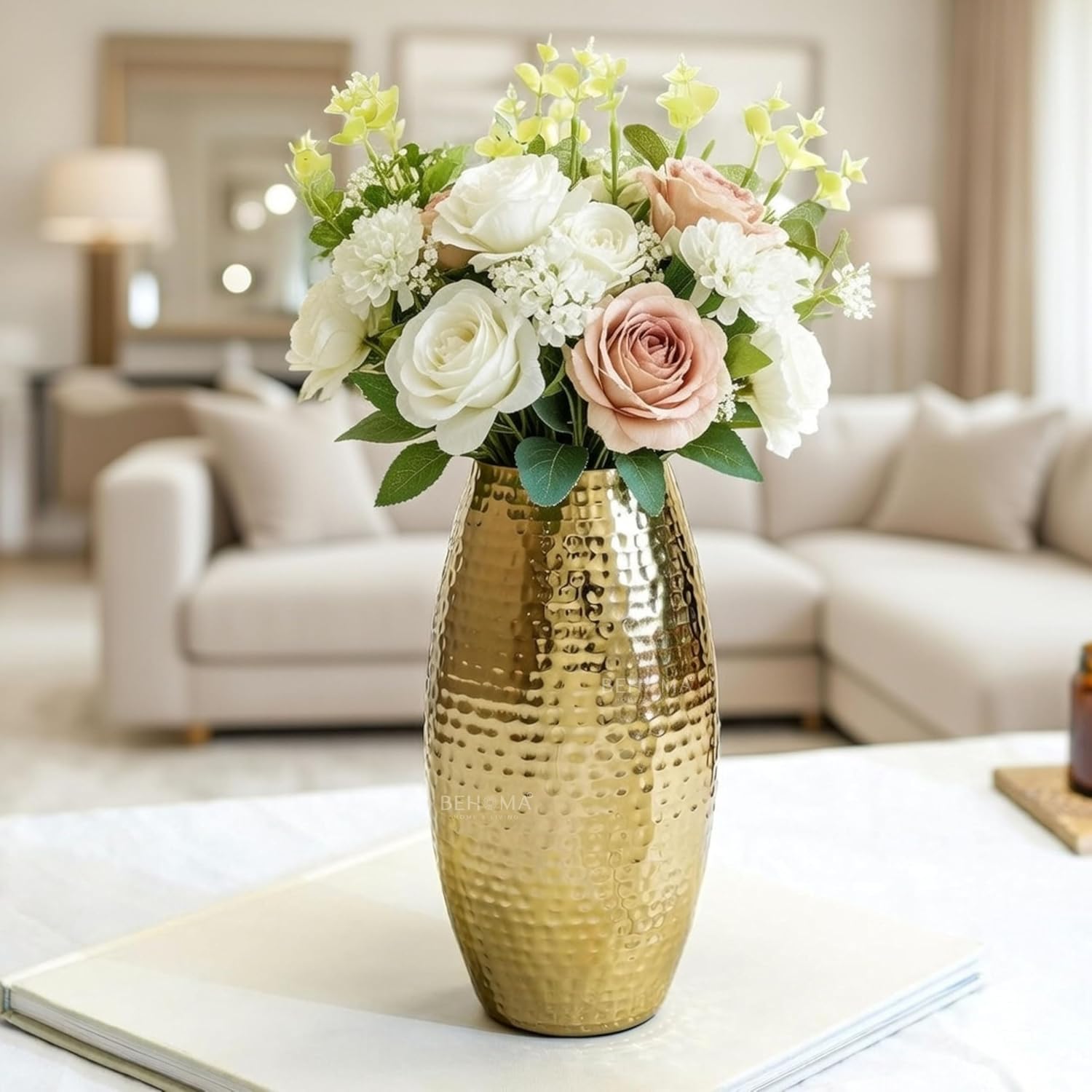 Behoma Metal Hammered Vase for Home Decor Decoratives for Living Room | Best Gift for Birthday Anniversary Valentine’s Day Diwali Ganpati Onam |Golden Oblong Shape 1 Large Pcs (Flower not Included)