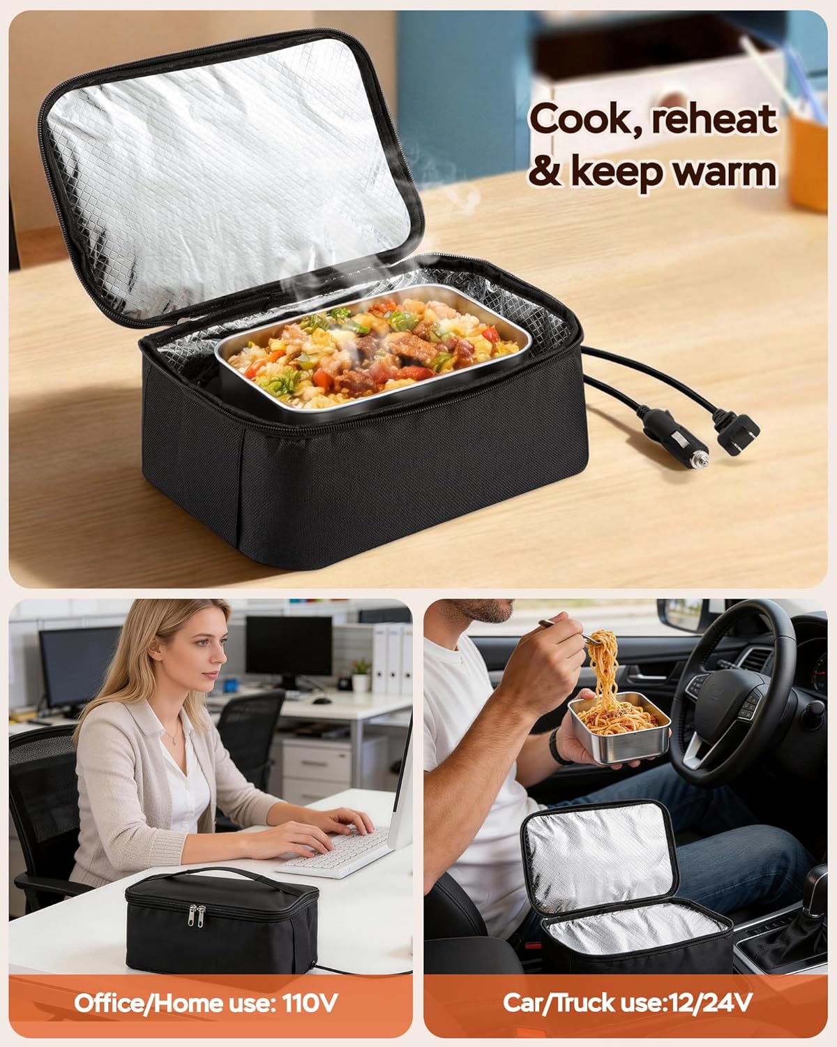 Portable Oven, 100W Electric Lunch Box Food Heater - 12V/24V/110V 3-in-1 Food Warmer for Car, Truck, Travel, Office & Home, Come with Spoon and Fork (Black2)