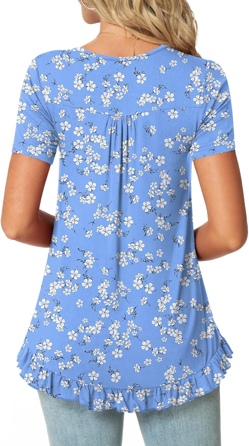 POPYOUNG Tunic Tops for Women Dressy Loose Fit Casual Short Sleeve Long Shirts Ruffled Hem Blouse wear with Leggings - Image 3