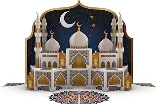 iGifts And Cards Golden Crescent Ramadan 3D Pop Up Card – 6"x8" Greeting with Matching Notecard & Envelope, Celebrate Ramadan Kareem, Eid al-Fitr, & Islamic Festivities with a Stunning Mosque Design
