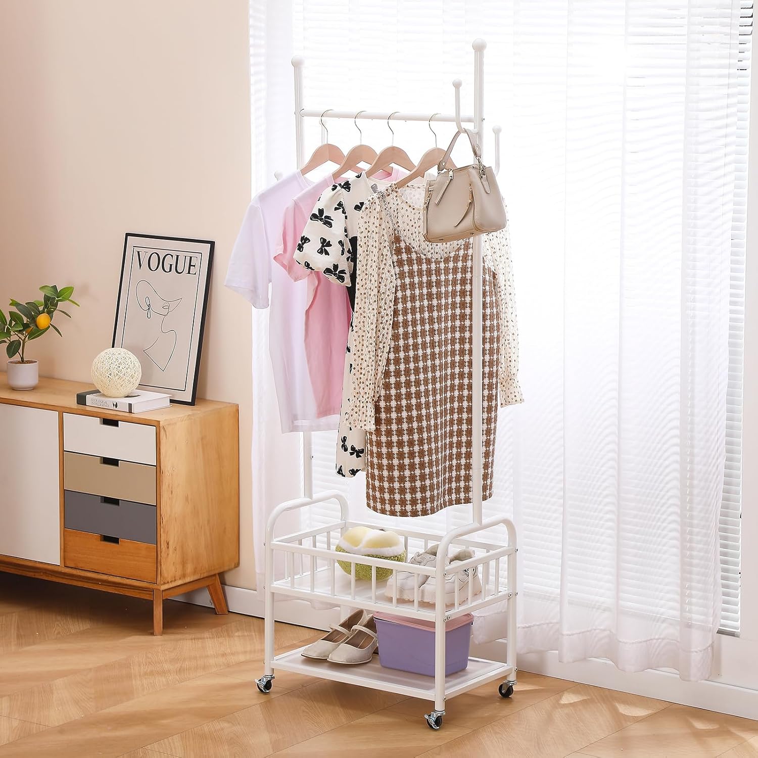 BOOSDEN Double Deck Clothes Rack with Wheels, Heavy Duty Metal Garment Racks, Rolling Clothing Rack with Storage Basket, Clothes Hanger Racks for Hanging Coats, Shirts, Dress, Shoes, Bags (White)