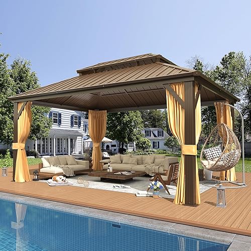 EROMMY - Kiosco de techo rígido de 12 x 16 pies, kiosco de techo doble de acero galvanizado con marco de aluminio, permanente, de metal, para