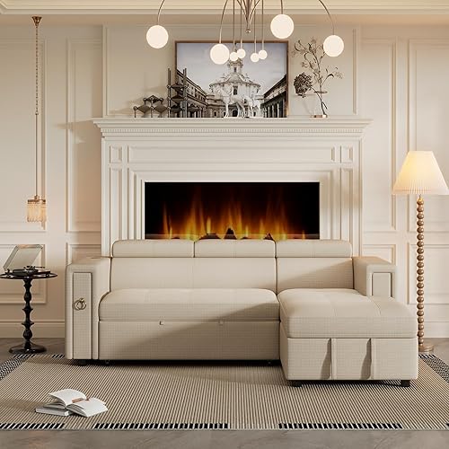 Miniatura 3 de Sofá cama multifuncional extraíble en forma de L con reposacabezas ajustable, carga inalámbrica, portavasos y almacenamiento oculto para sala de