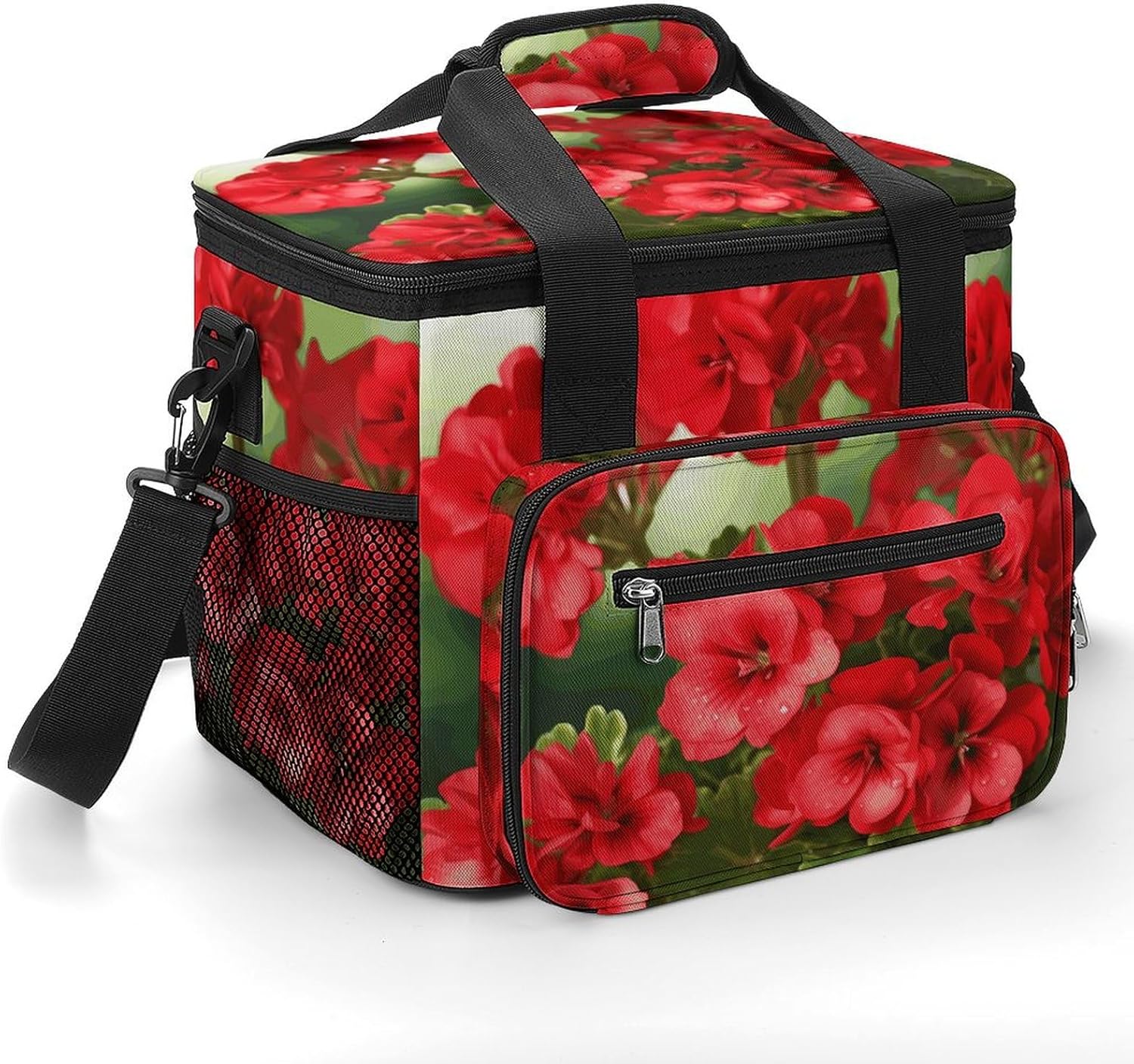 Large-Capacity Oxford Cloth Red Geraniums Printed Camping Ice Bag, Outdoor Portable Insulation and Cold Storage Bag, Enjoy A Cool Camping Time