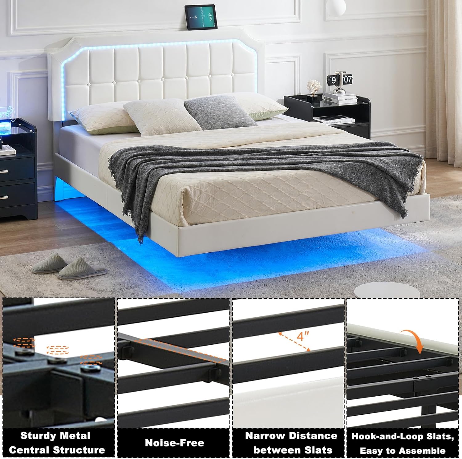 Close-up images showing the sturdy metal central structure, noise-free design, narrow slat distance, and hook-and-loop slats for easy assembly of the bed frame.