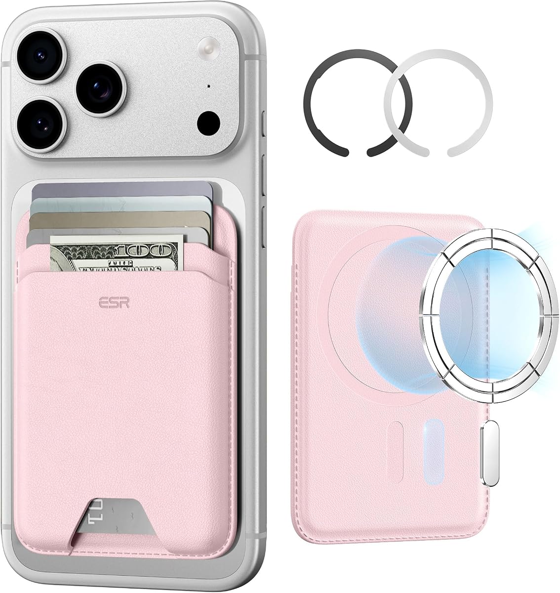 ESR para billetera MagSafe, soporte para 5 tarjetas para funda de teléfono, bloqueo RFID | Adhesivo MagSafe incluido, cartera magnética delgada para iPhone 17 Pro Max 17e 16 15 14 13 12 Series, Samsung Galaxy seleccionados, rosa