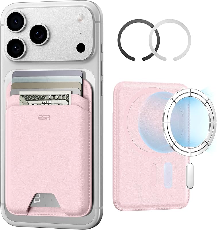 ESR para billetera MagSafe, soporte para 5 tarjetas para funda de teléfono, bloqueo RFID | Adhesivo MagSafe incluido, cartera magnética delgada para iPhone 17 Pro Max 17e 16 15 14 13 12 Series, Samsung Galaxy seleccionados, rosa