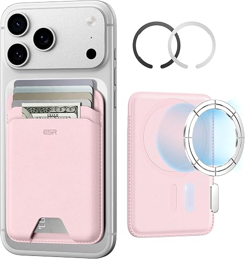 ESR for MagSafe Wallet, 5 Card Holder with RFID Blocking, MagSafe Sticker Included, Slim Magnetic Wallet for iPhone 17e/17/16/15/14/13/12 Series and Selected Samsung Devices, Not for 13/12 Mini, Pink