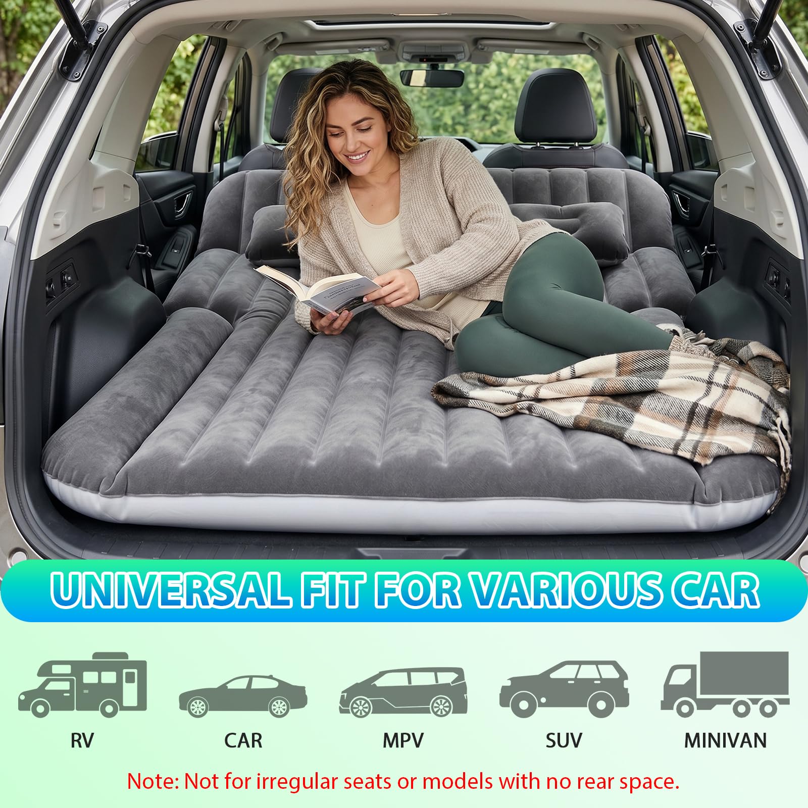 Aissom Colchón para Coche, 193 * 130cm Colchón de Vehículo, Colchón para Coche Hinchable con 12V Bomba de Aire y 2 Almohada, para Cama del Asiento Trasero del Coche y SUV, Viajes/Camping/Casa/Outdoor